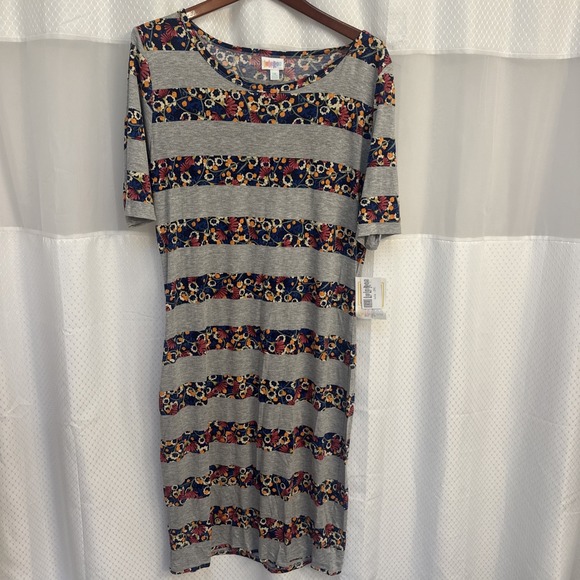 Lularoe Julia Dress 2XL Gray & Floral Print Stripes Short Sleeve LR136 - Picture 1 of 6
